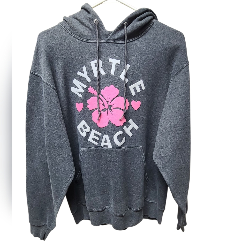 Jerzees Myrtle Beach Dark Gray Hoodie with Soft Pink Floral Design Medium